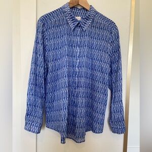 Chico’s Tunic Blouse Gauzy Blue & White Ikat Print Long Sleeve Shirt XL